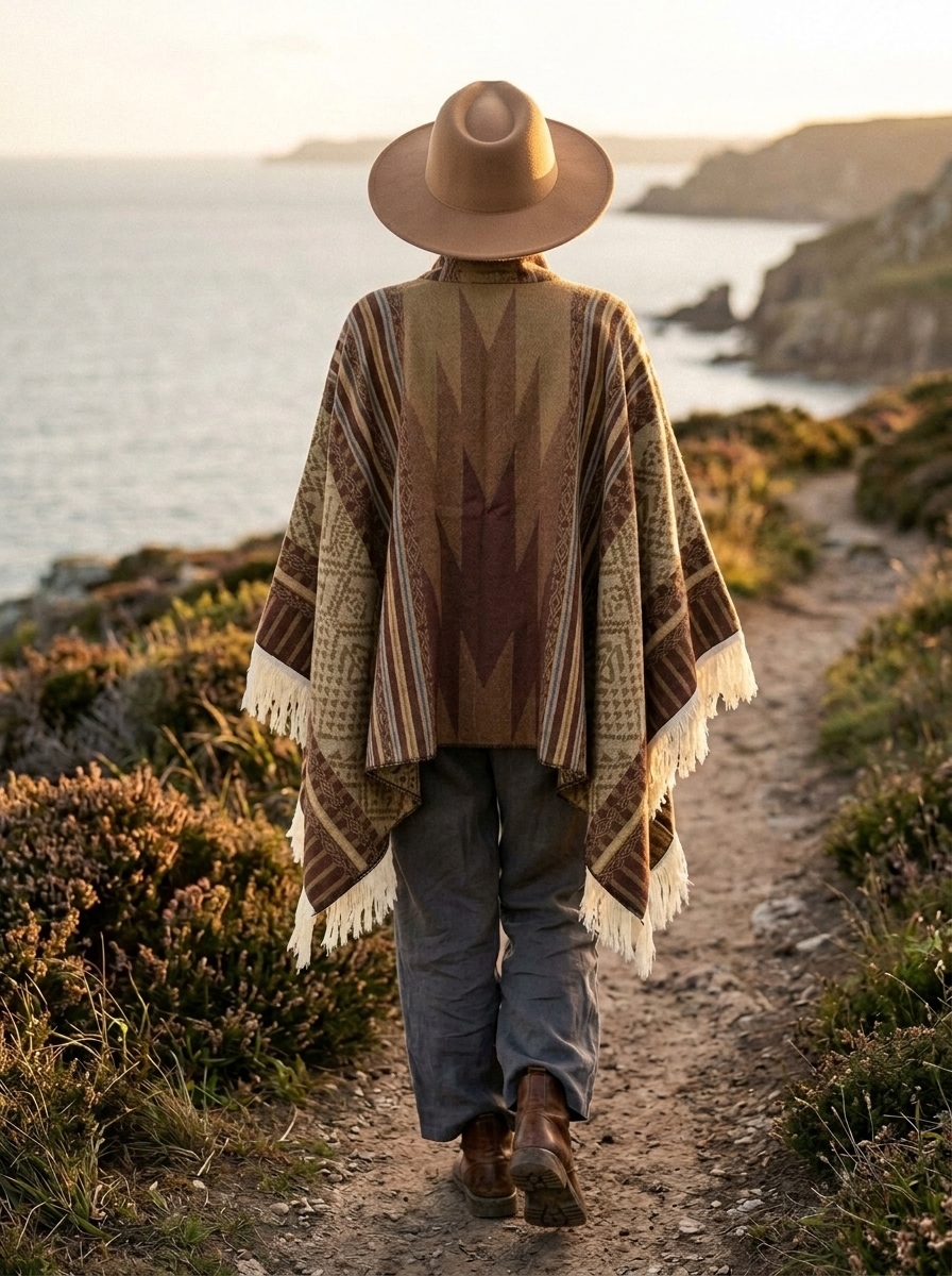 Poncho Éclat Nomade – coloris Camel, porté avec un chapeau sur un sentier côtier au coucher du soleil, vu de dos