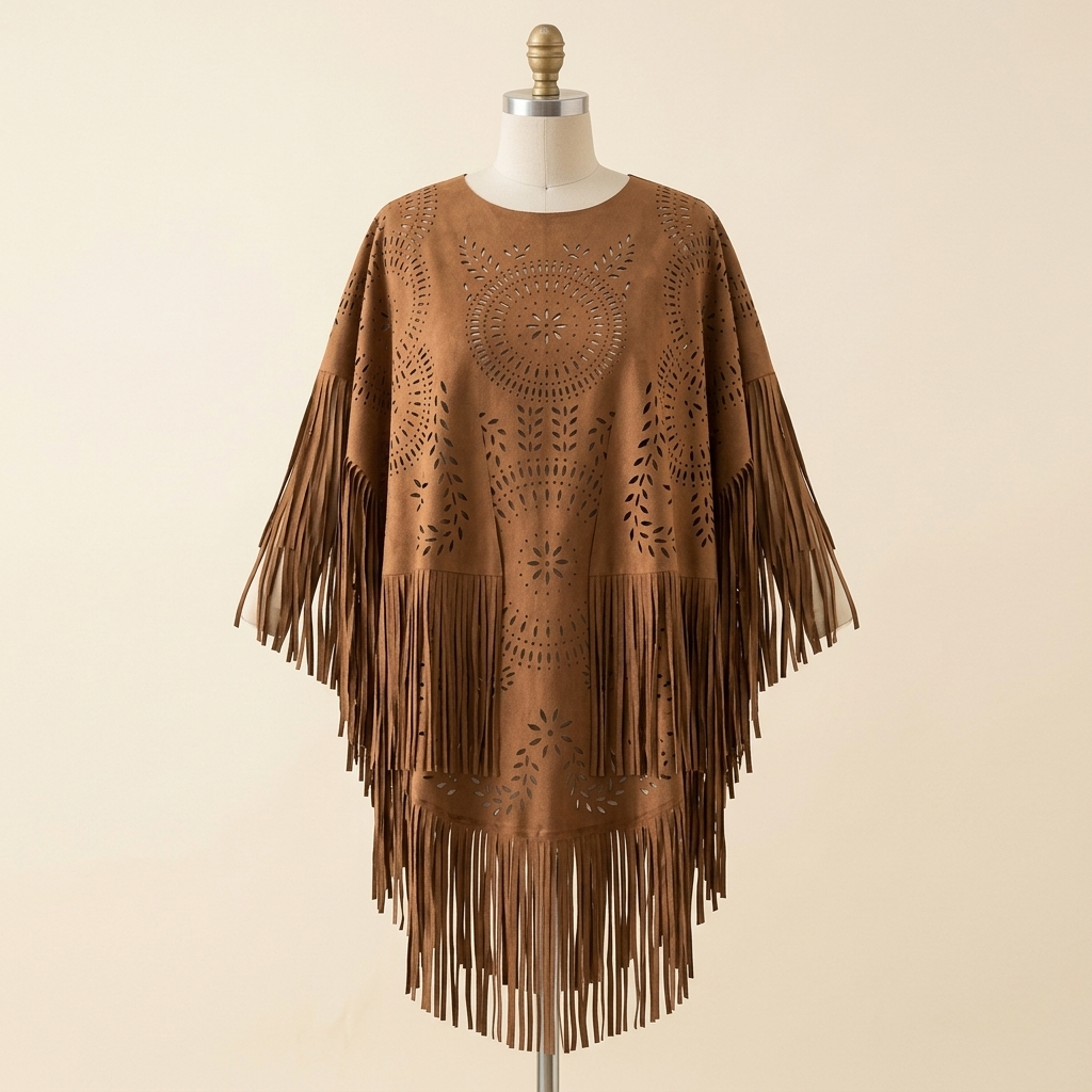 Poncho Bohème Effet Daim – coloris Camel, présenté sur mannequin couture