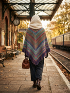 Châle Vagabonde – coloris Multicolore, porté de dos sur un quai de gare en automne