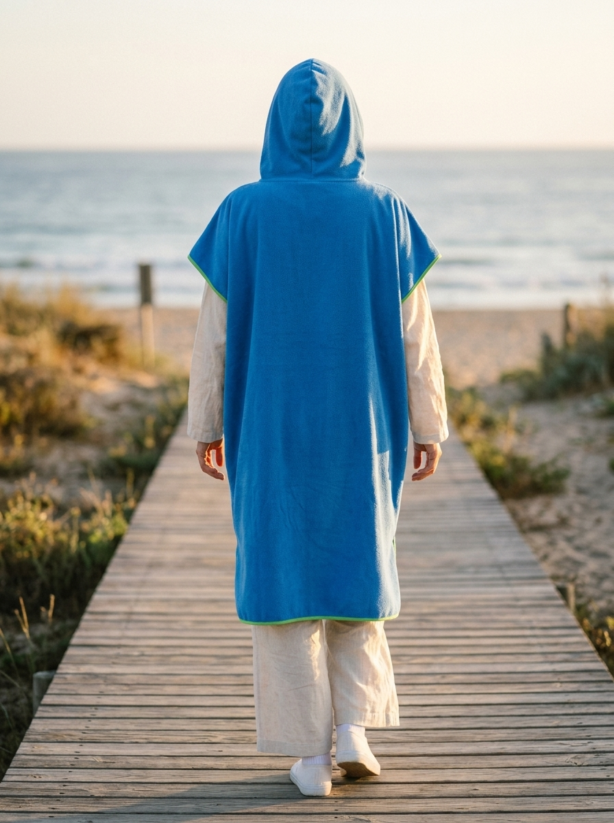 Peignoir Vague Express – coloris Bleu, porté capuche relevée sur un ponton face à la mer, vu de dos