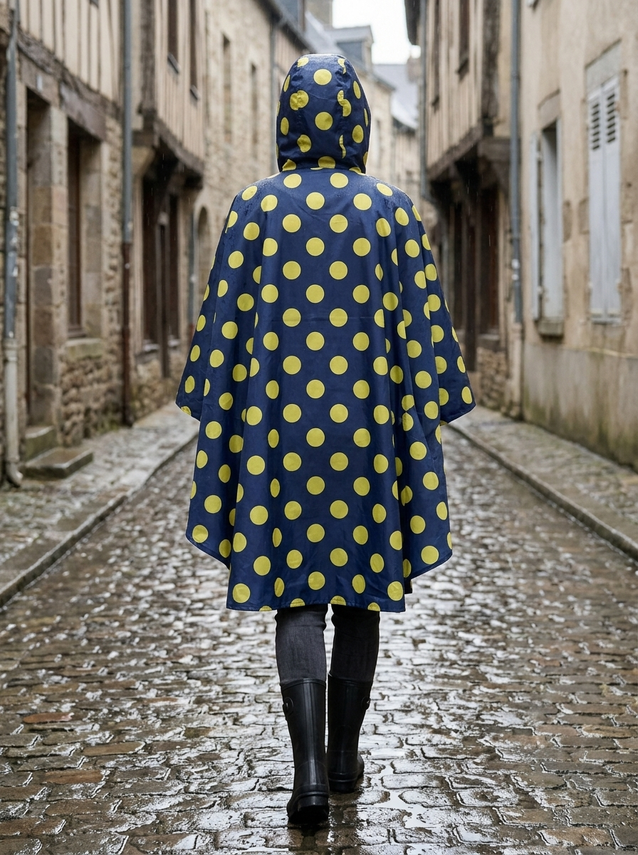 Poncho de Pluie Averse – coloris Marine à pois jaunes, porté capuche relevée dans une rue pavée sous la pluie, vu de dos