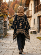 Poncho Himalaya Franges – coloris Noir et camel, porté de dos dans une ruelle en automne
