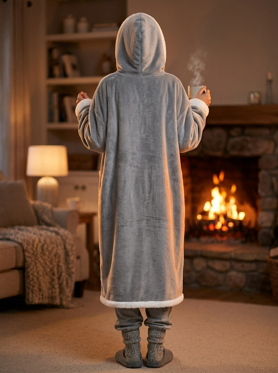 Cocon Polaire XXL – coloris Gris, porté capuche relevée devant la cheminée, vu de dos