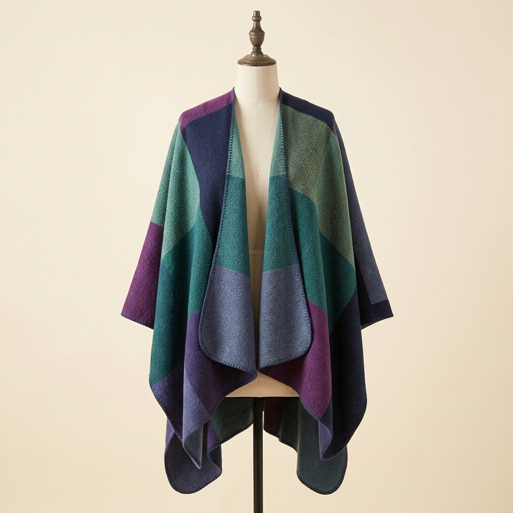 Poncho Mosaïque Hiver – coloris Bleu-vert et violet, présenté sur mannequin couture