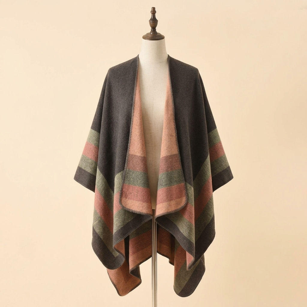 Poncho Douceur Rayé – coloris Gris et vieux rose, présenté sur mannequin couture
