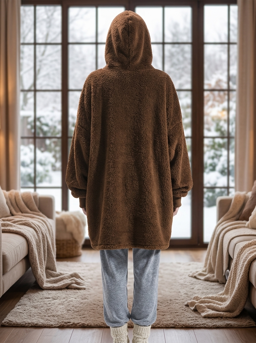 Sweat Plaid Nid Douillet café porté capuche relevée devant une fenêtre enneigée, vu de dos