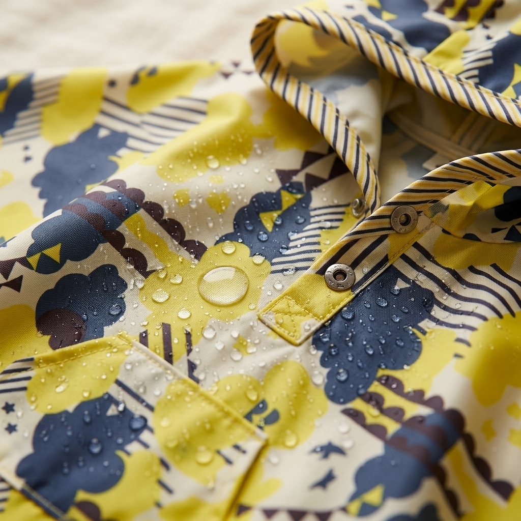 Poncho Petit Explorateur – gros plan sur le tissu imperméable imprimé jaune et marine, la capuche rayée et les boutons-pression