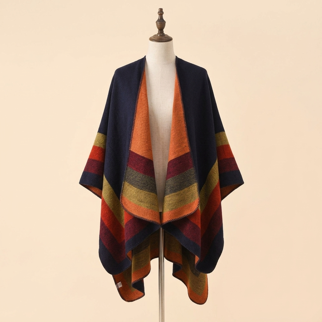 Poncho Douceur Rayé – coloris Marine et orange, présenté sur mannequin couture
