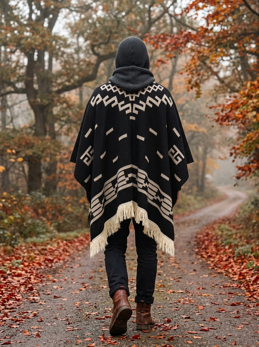 Poncho Homme Rancho – coloris Noir, porté capuche en maille relevée sur un chemin d'automne, vu de dos
