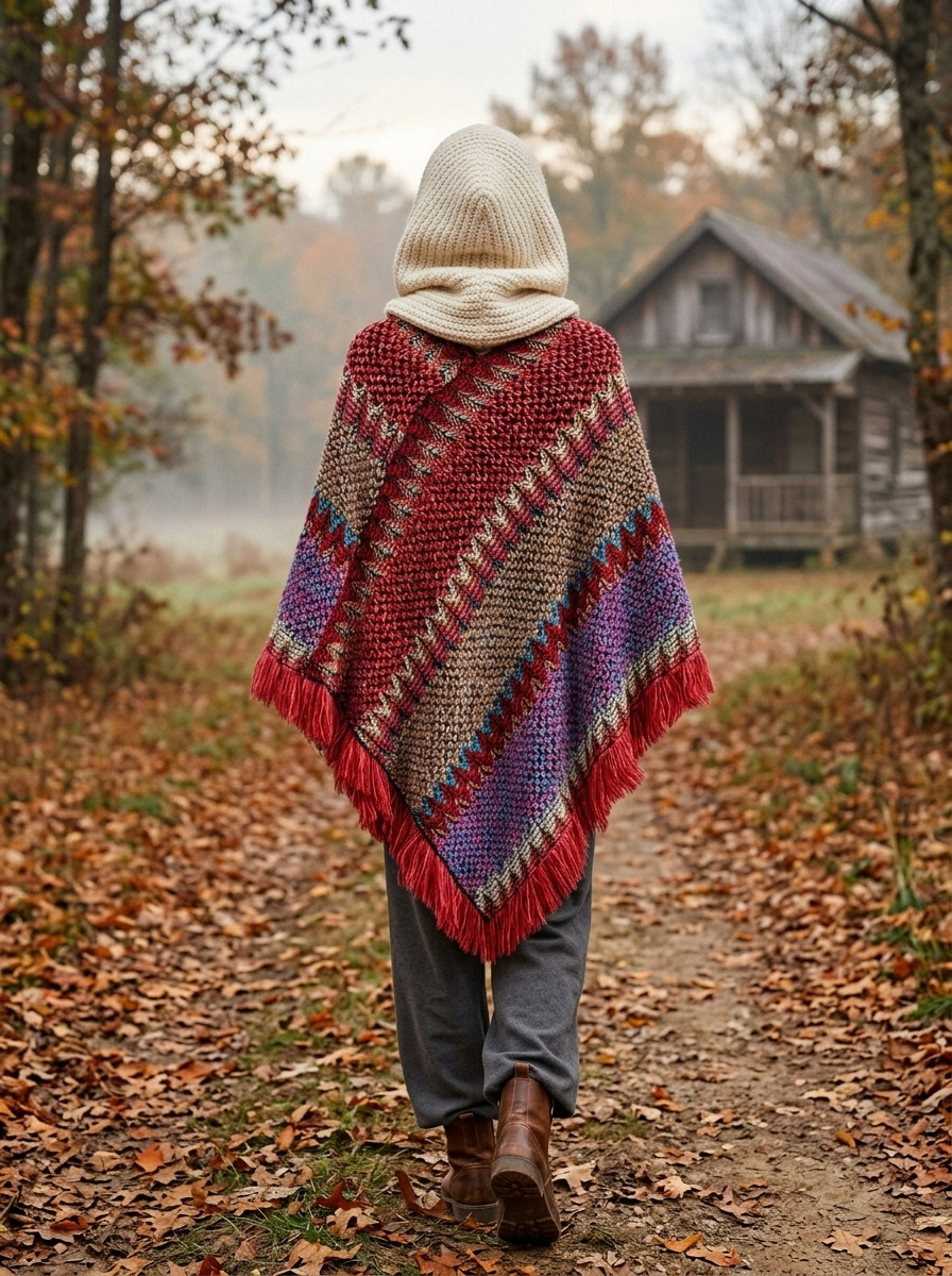 Poncho Yourte Douce – coloris Rouge, porté sur un chemin de campagne en automne, vu de dos