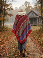 Poncho Yourte Douce – coloris Rouge, porté sur un chemin de campagne en automne, vu de dos