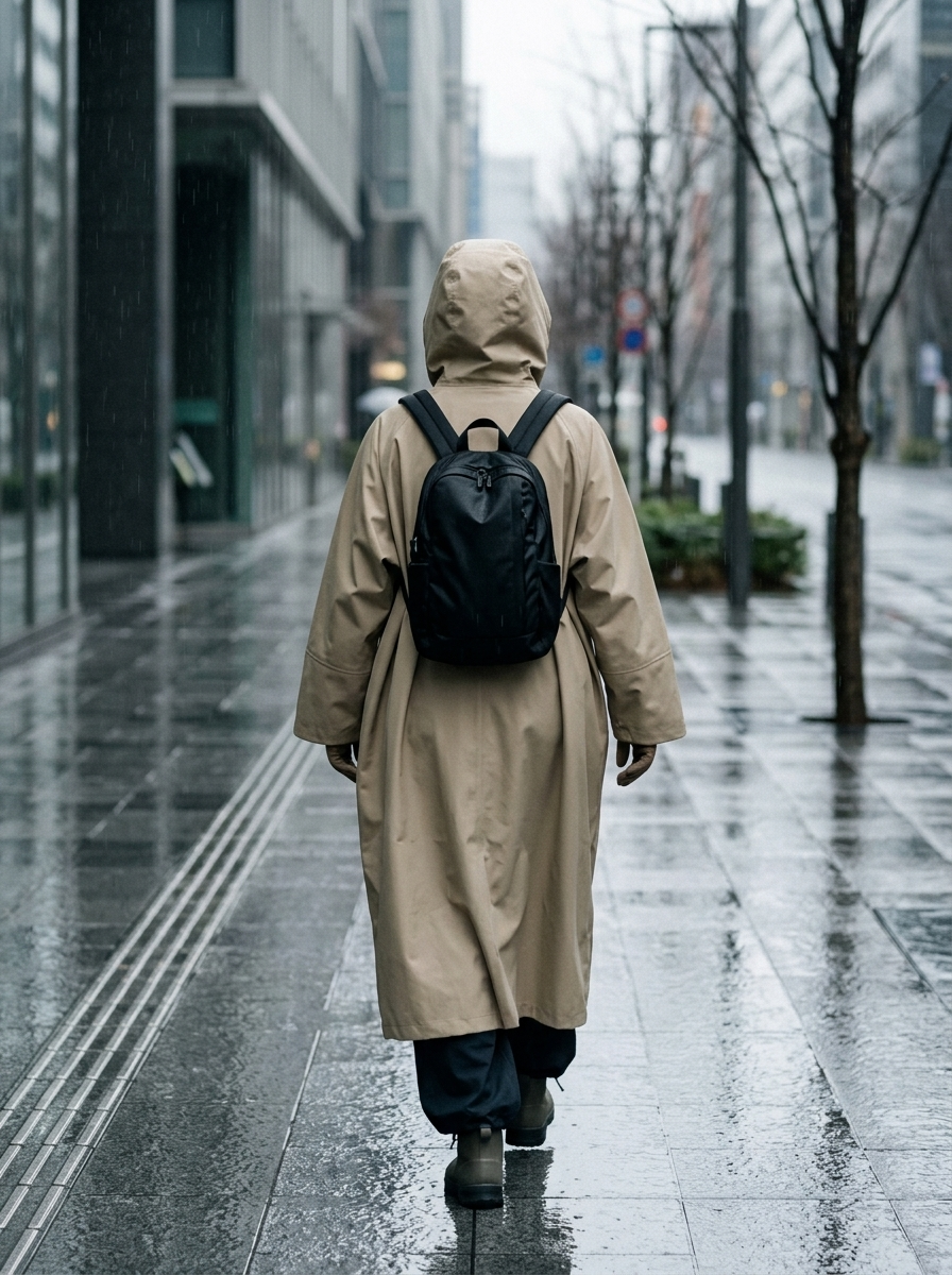 Poncho de Pluie Long Route Sèche – coloris Beige, porté capuche relevée sous la pluie en ville, vu de dos