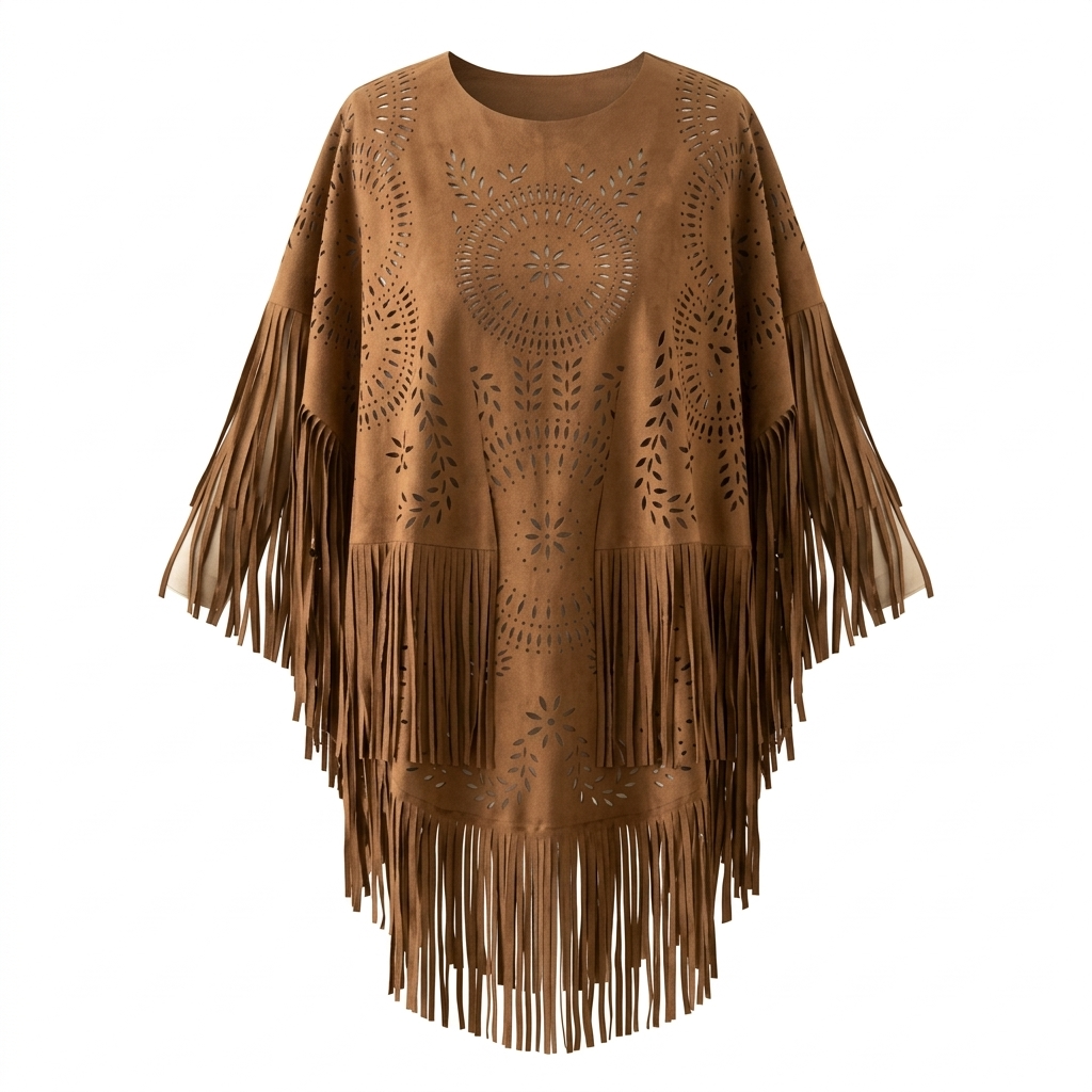 Poncho Bohème Effet Daim, vue d'ensemble sur fond blanc