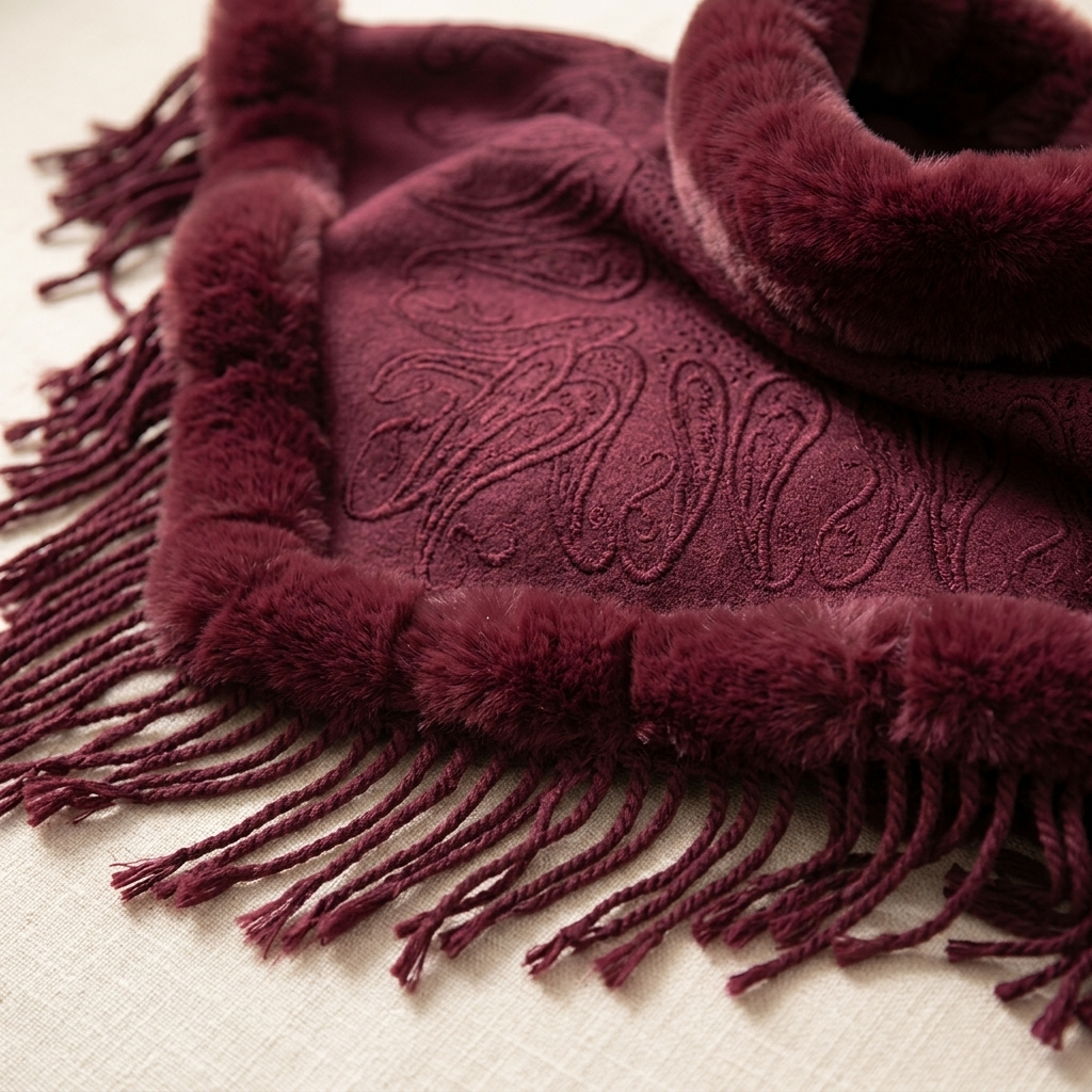 Cape Hiver Chic – gros plan sur le motif paisley ton sur ton, le col en fausse fourrure et les franges bordeaux