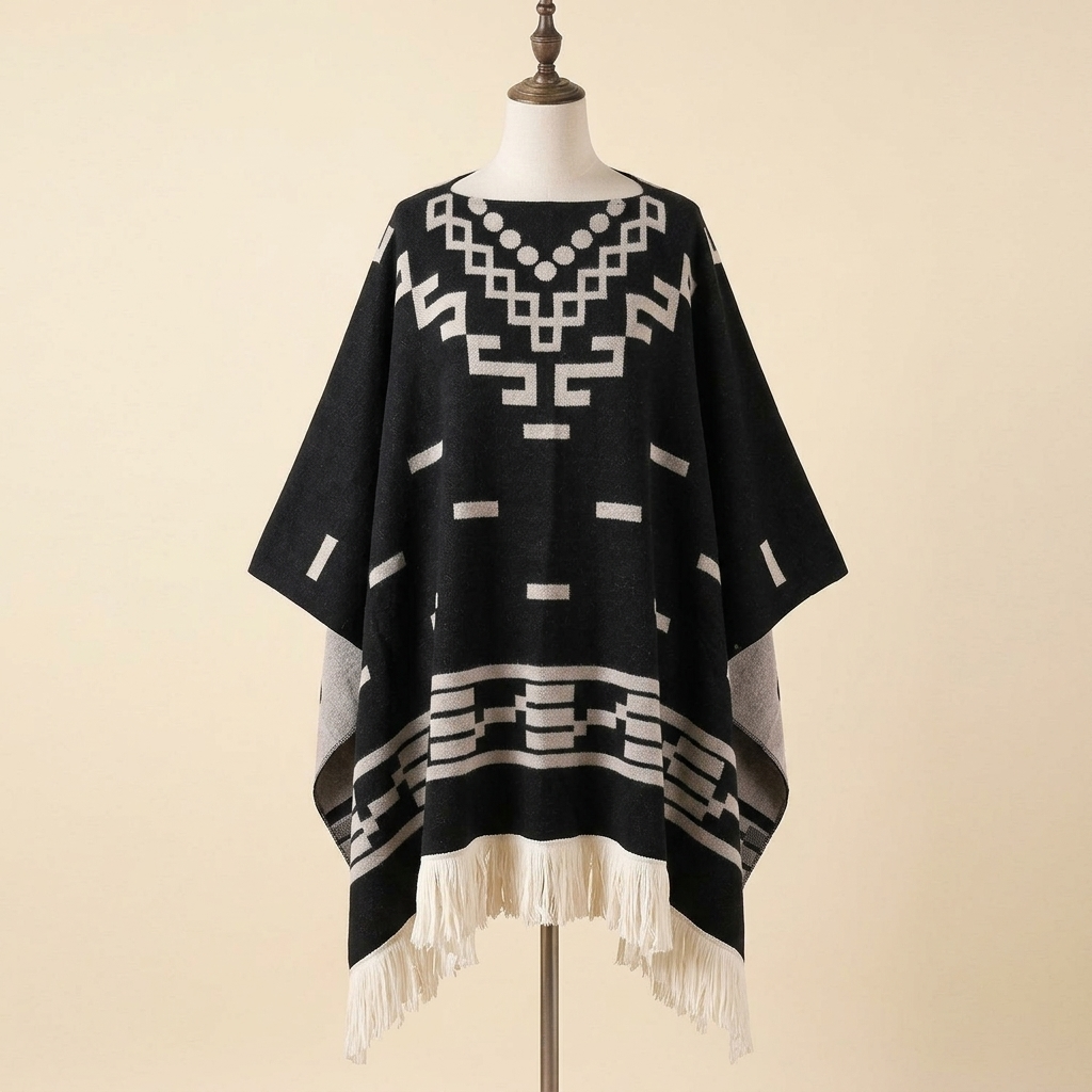 Cape-Châle Sierra – coloris Noir, présentée sur mannequin couture