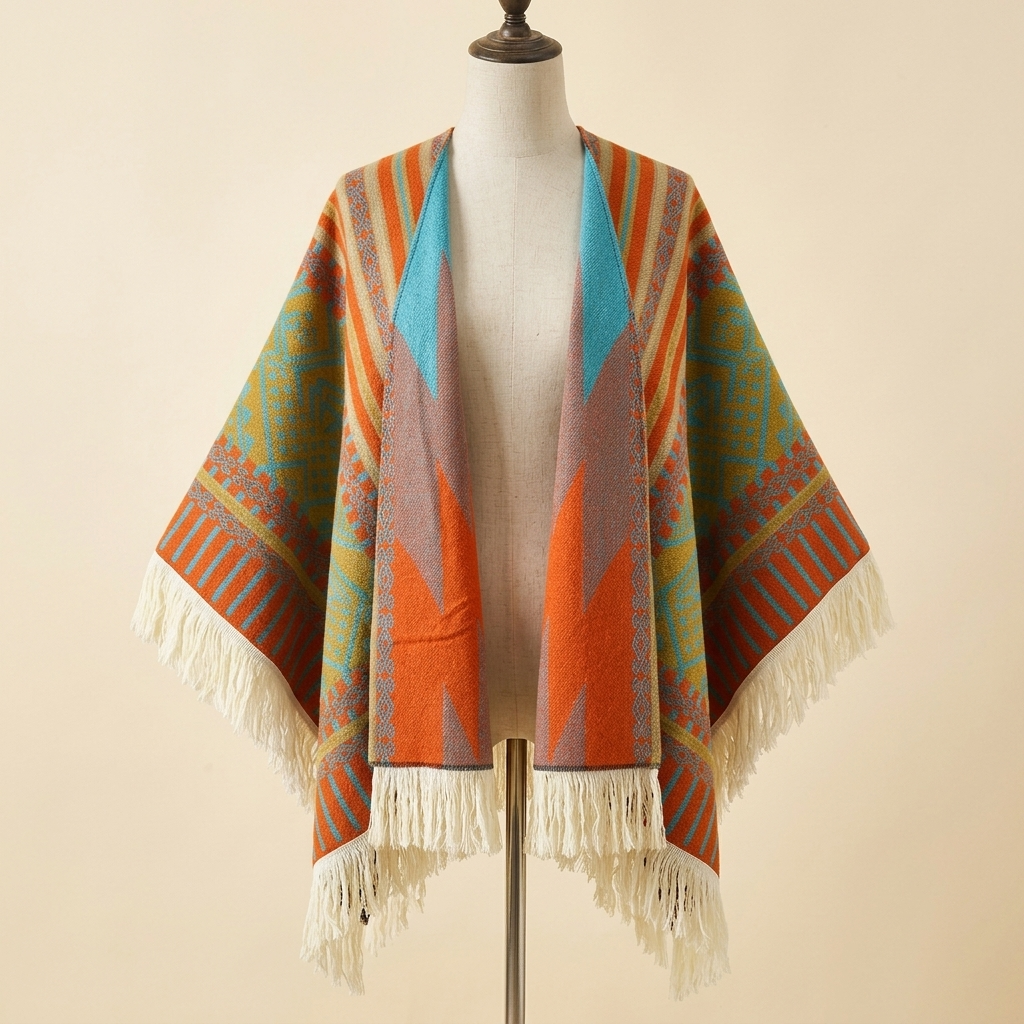 Poncho Éclat Nomade orange turquoise sur buste