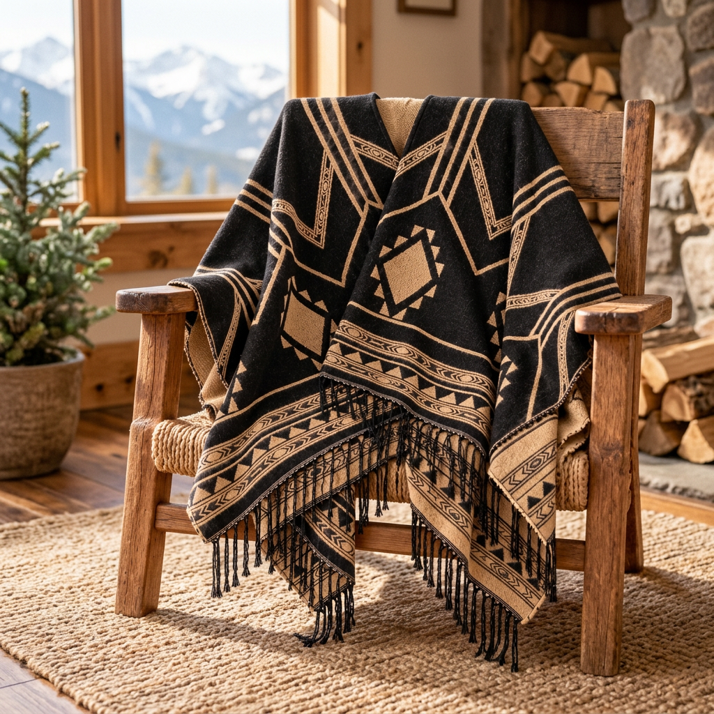 Poncho Himalaya Franges posé sur une chaise en bois dans un chalet de montagne