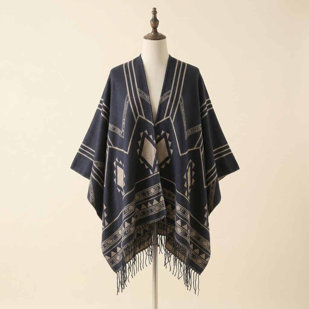 Poncho Himalaya Franges – coloris Bleu marine, présenté sur mannequin couture
