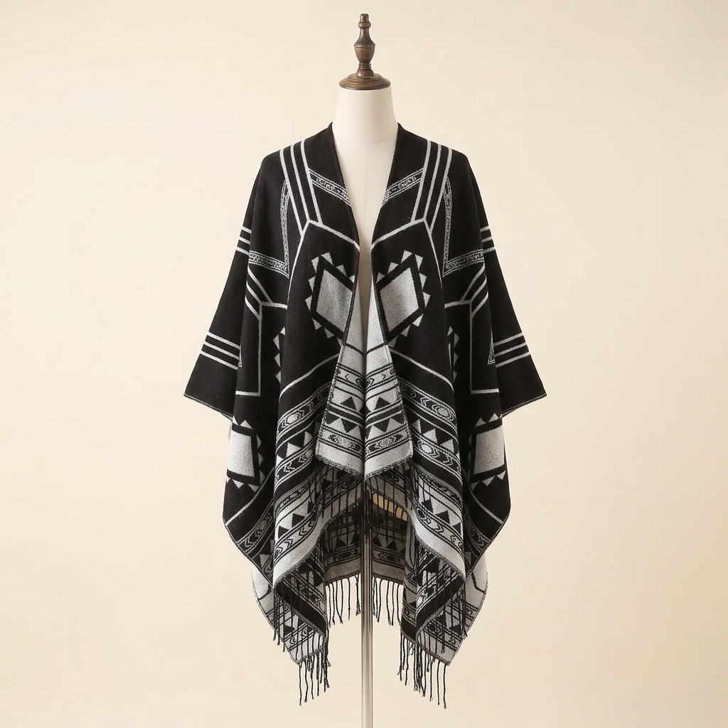 Poncho Himalaya Franges – coloris Noir et blanc, présenté sur mannequin couture