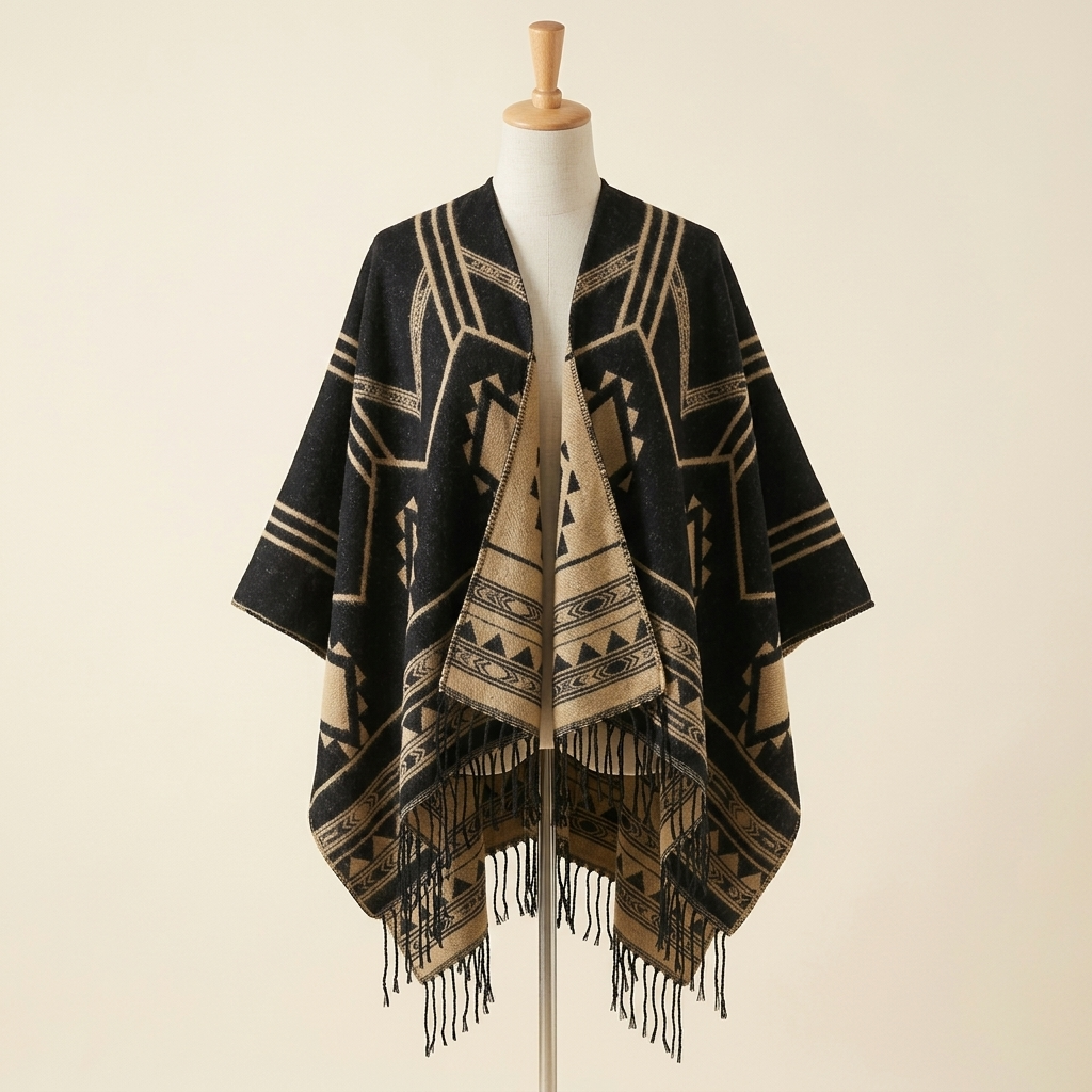 Poncho Himalaya Franges – coloris Noir et camel, présenté sur mannequin couture
