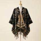 Poncho Himalaya Franges – coloris Noir et camel, présenté sur mannequin couture