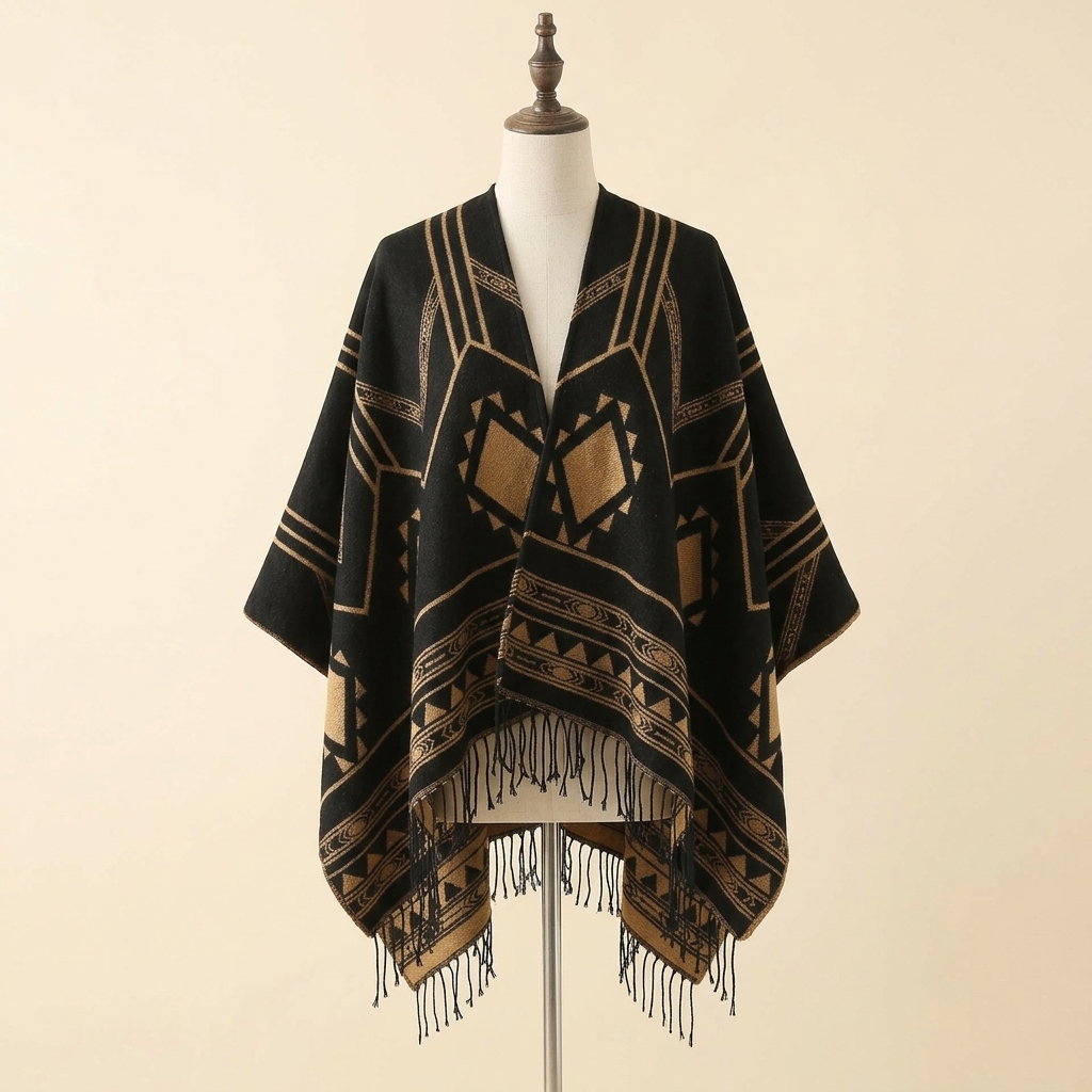Poncho Himalaya Franges – coloris Noir et or, présenté sur mannequin couture