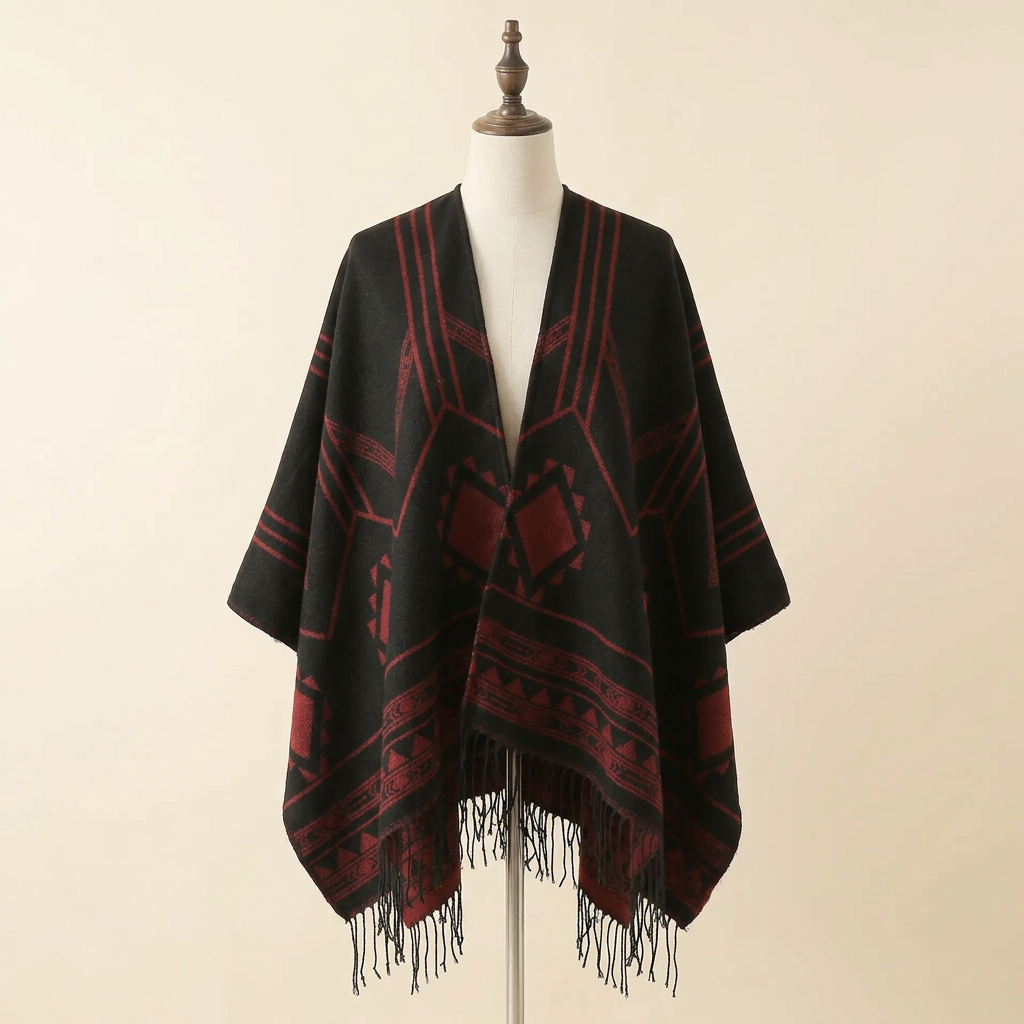 Poncho Himalaya Franges – coloris Noir et rouge, présenté sur mannequin couture
