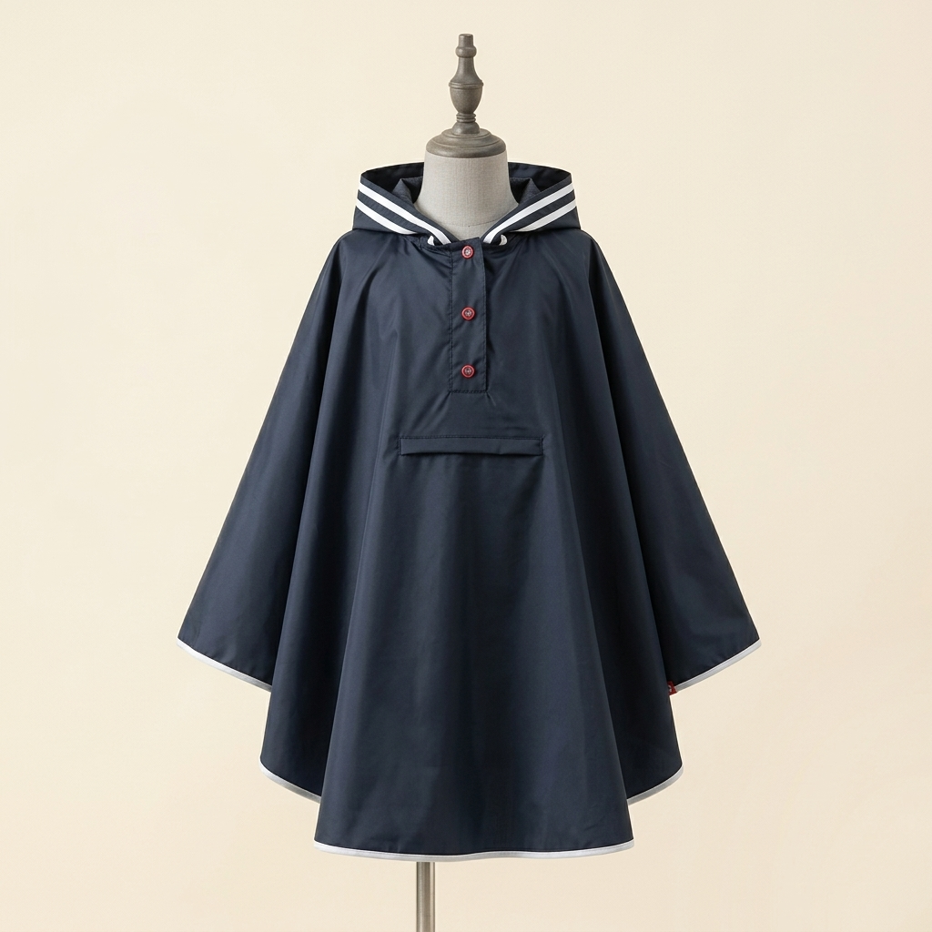 Poncho Petit Explorateur – coloris Bleu marine, présenté sur mannequin couture enfant