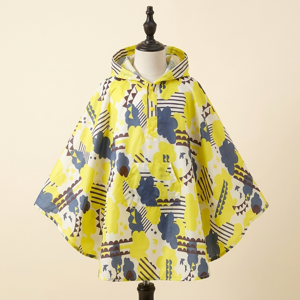 Poncho Petit Explorateur – coloris Jaune et marine, présenté sur mannequin couture enfant