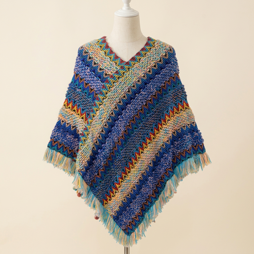 Poncho Yourte Douce – coloris Bleu marine, présenté sur mannequin couture
